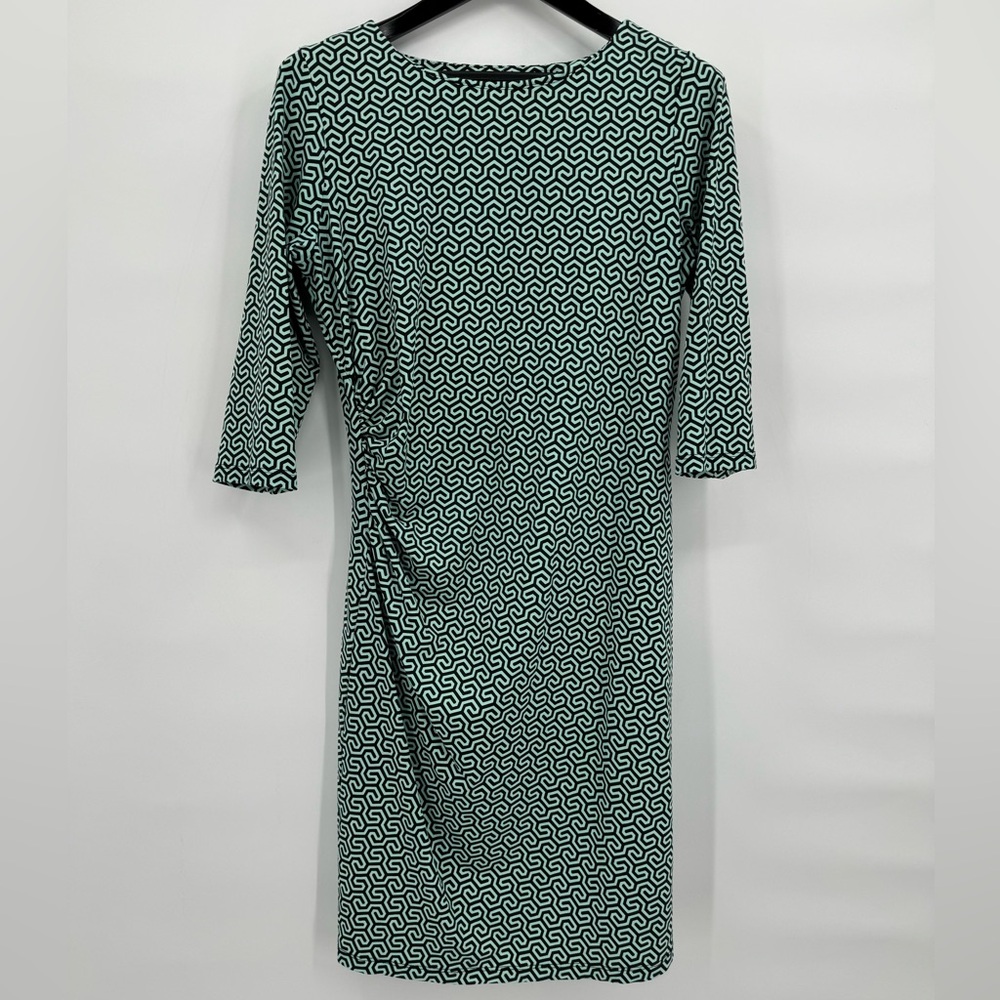 J. Mclaughlin Geometric Print Dress Sage Green & Black Catalina Cloth size L EUC